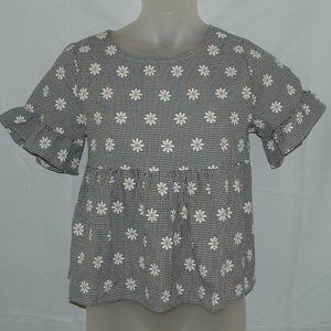 LIKE NEW Black & White Checked & Floral Sz 8/10 Casual Wear Roomy Boho Shirt